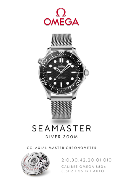 Omega Seamaster Diver 300M watch in stainless steel with black face on metal bracelet. Watch Poster shows mechanical movement calibre 8806 and watch details