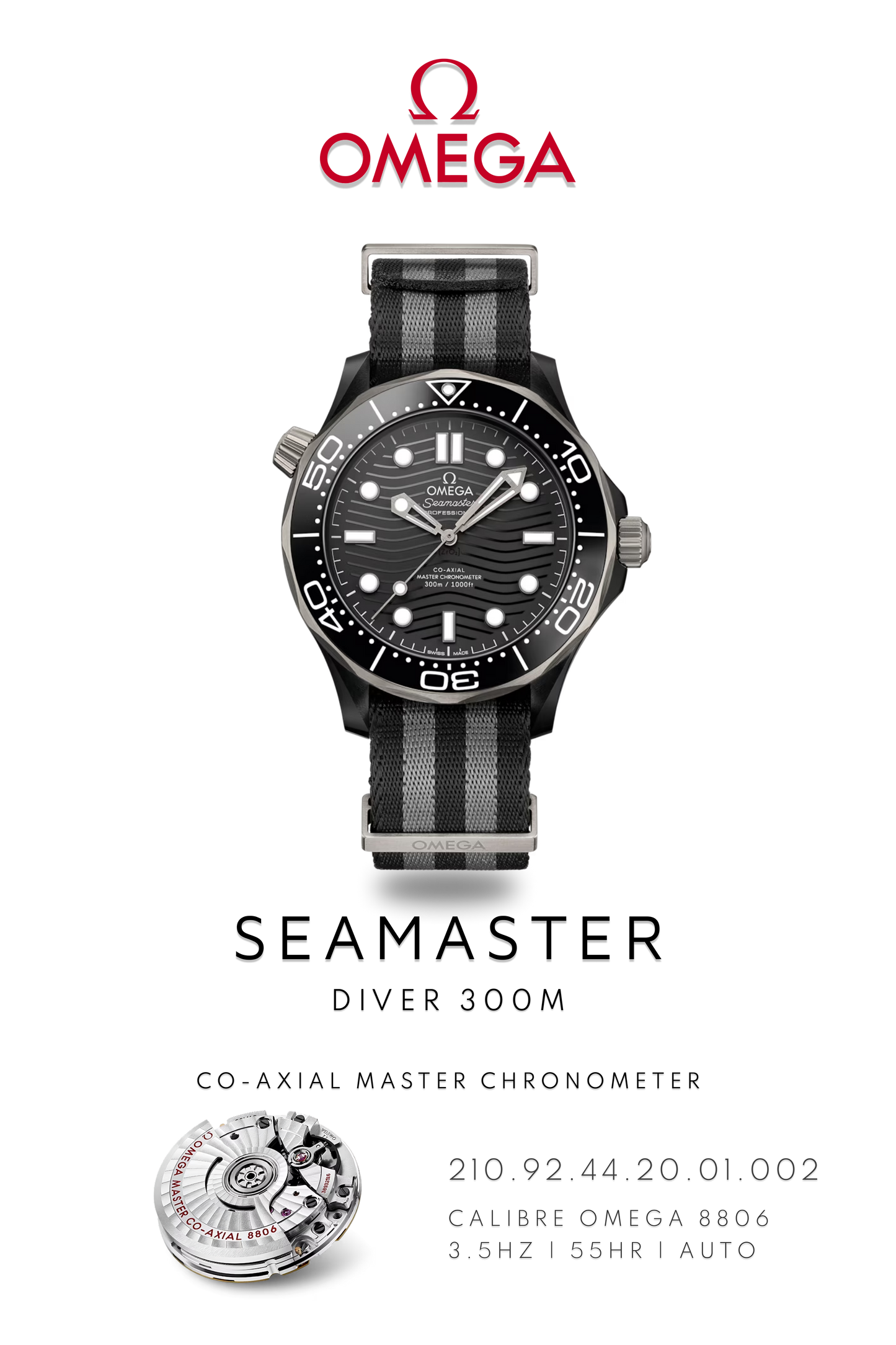 Omega Seamaster Diver 300M watch in stainless steel with black face on nato strap. Watch Poster shows mechanical movement calibre 8806 and watch details