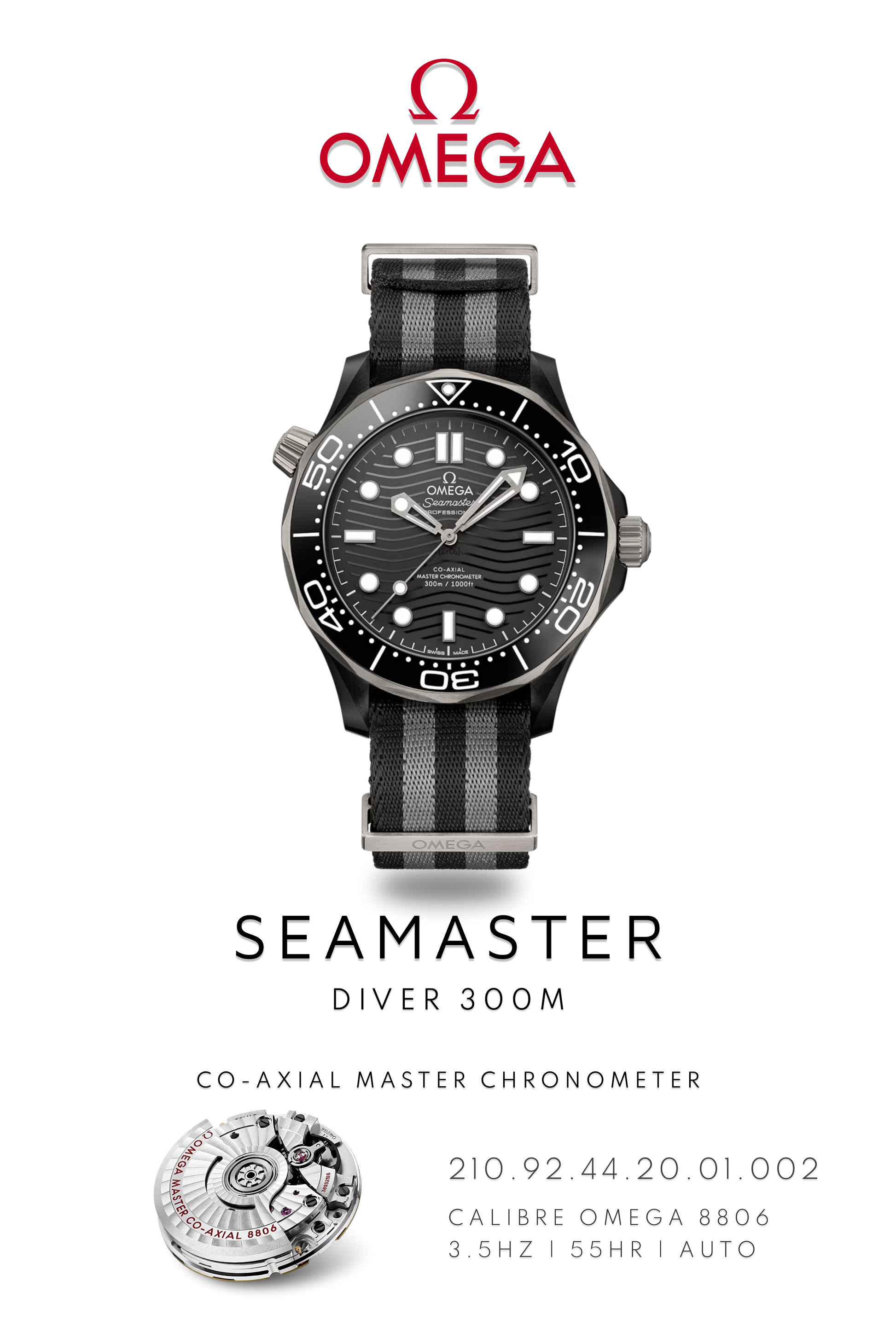 Omega Seamaster Diver 300M watch in stainless steel with black face on nato strap. Watch Poster shows mechanical movement calibre 8806 and watch details