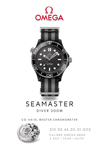 Omega Seamaster Diver 300M watch in stainless steel with black face on nato strap. Watch Poster shows mechanical movement calibre 8806 and watch details