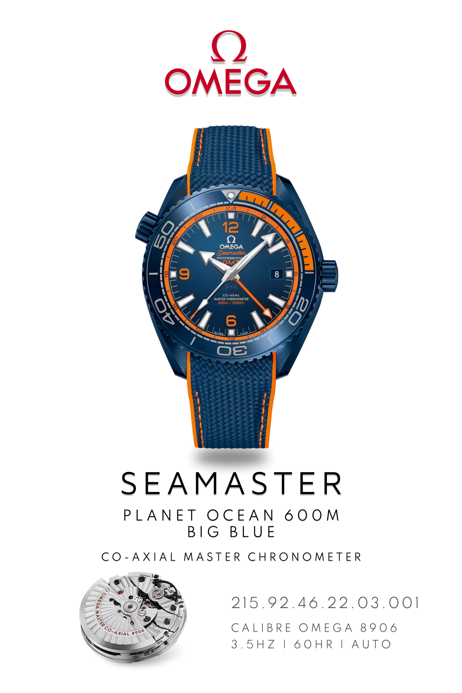 Omega Seamaster Planet Ocean 600M GMT watch in ceramic with a blue face and bezel on a blue and orange strap. Watch Poster shows mechanical movement calibre 8906 and watch details