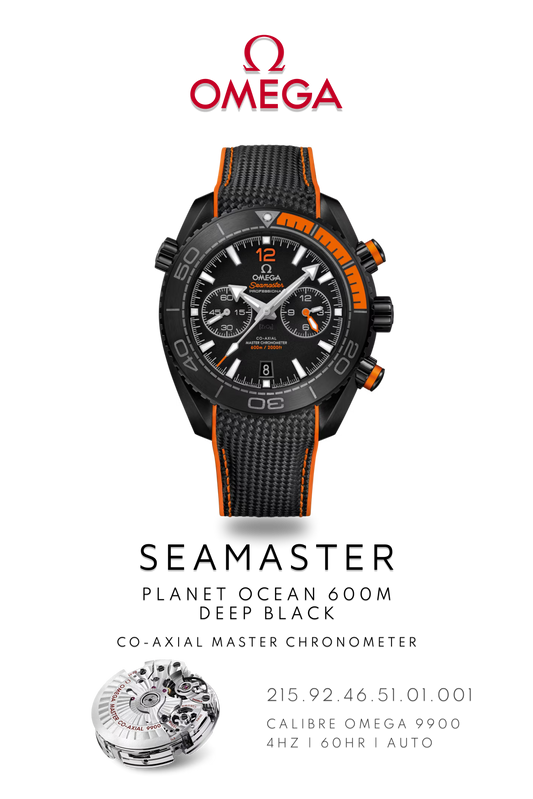 Omega Seamaster Planet Ocean 600M GMT watch in ceramic with a black face and bezel on a black and orange strap. Watch Poster shows mechanical movement calibre 9900 and watch details