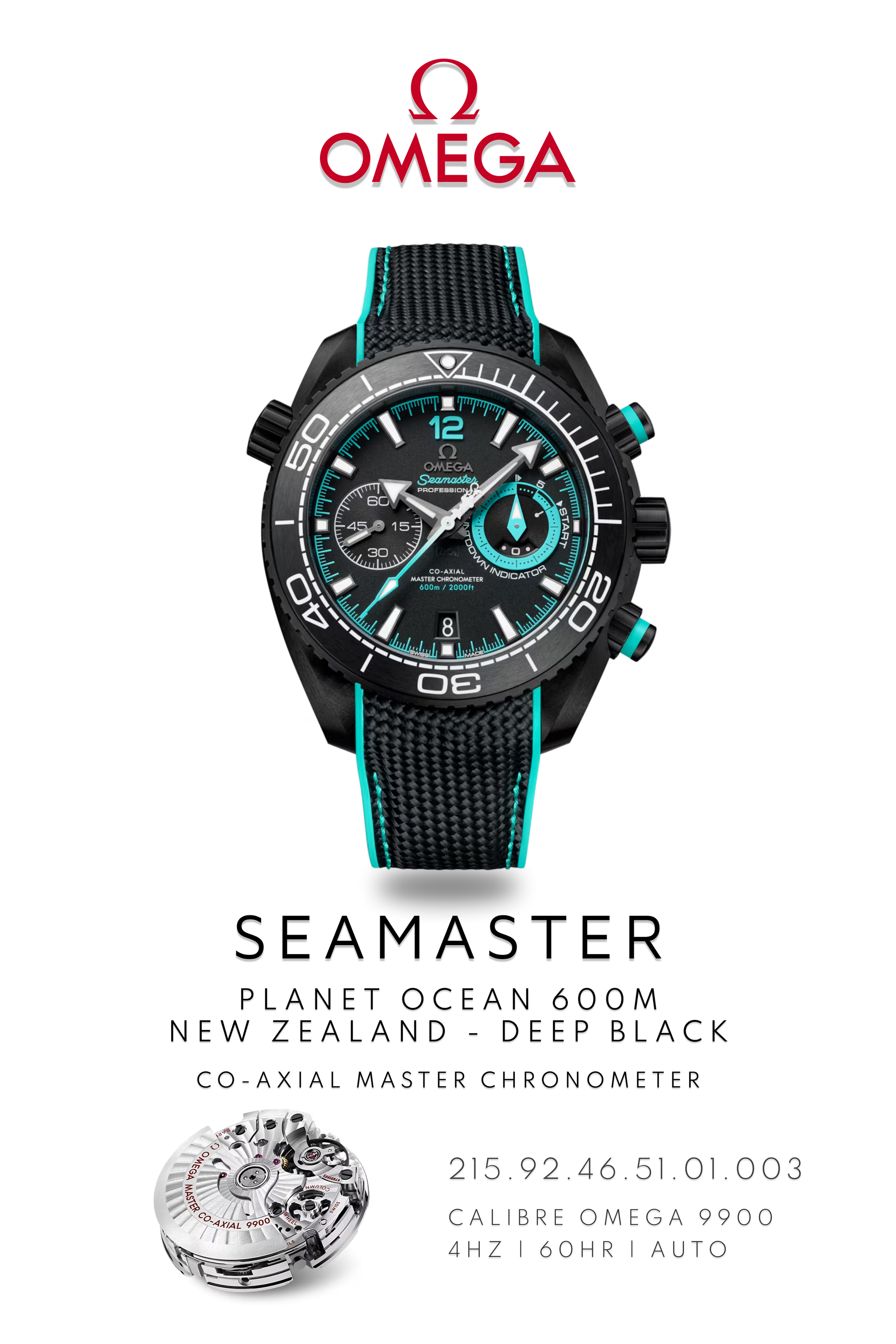 Omega Seamaster Planet Ocean 600M GMT watch in ceramic with a black face and bezel on a black and turquoise strap. Watch Poster shows mechanical movement calibre 9900 and watch details