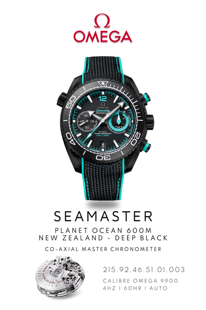 Omega Seamaster Planet Ocean 600M GMT watch in ceramic with a black face and bezel on a black and turquoise strap. Watch Poster shows mechanical movement calibre 9900 and watch details