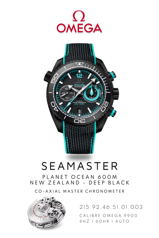 Omega Seamaster Planet Ocean 600M GMT watch in ceramic with a black face and bezel on a black and turquoise strap. Watch Poster shows mechanical movement calibre 9900 and watch details