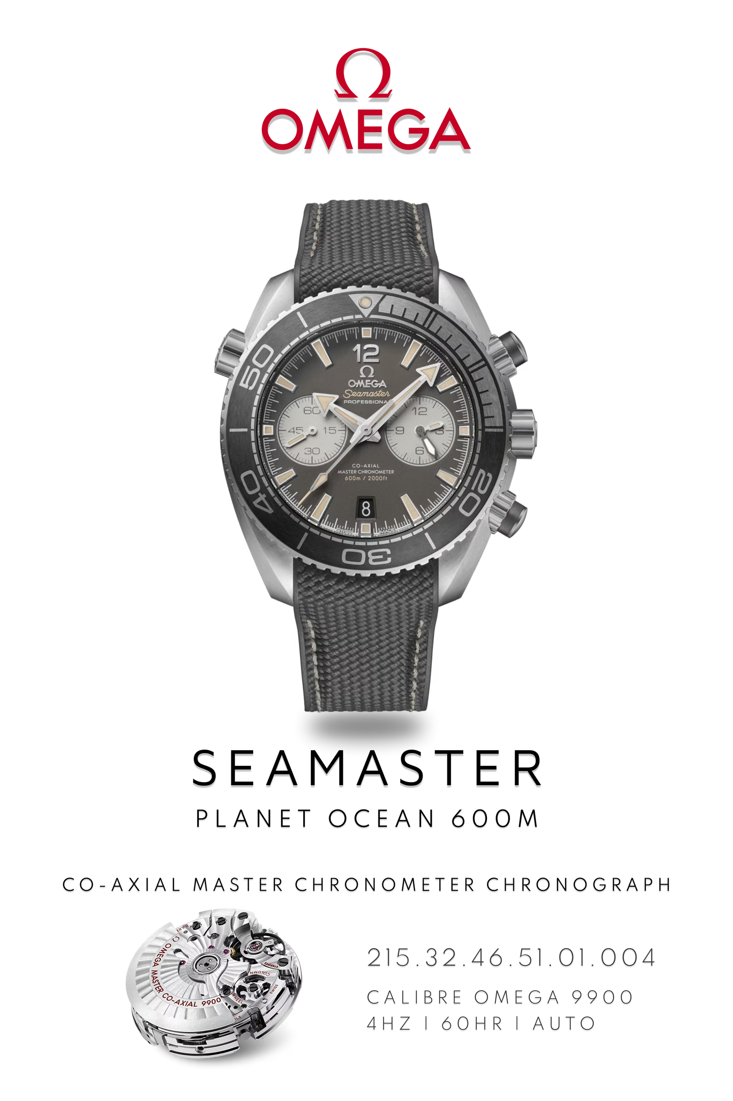 Omega Seamaster Planet Ocean 600M watch in stainless steel with grey face on a grey strap. Watch Poster shows mechanical movement calibre 9900 and watch details