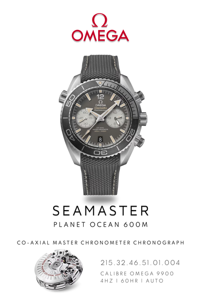 Omega Seamaster Planet Ocean 600M watch in stainless steel with grey face on a grey strap. Watch Poster shows mechanical movement calibre 9900 and watch details