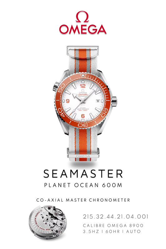 Omega Seamaster Planet Ocean 600M watch in stainless steel with a white face on a grey and orange Strap. Watch Poster shows mechanical movement calibre 8900 and watch details