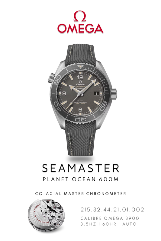 Omega Seamaster Planet Ocean 600M watch in stainless steel with a grey face on a grey strap. Watch Poster shows mechanical movement calibre 8900 and watch details