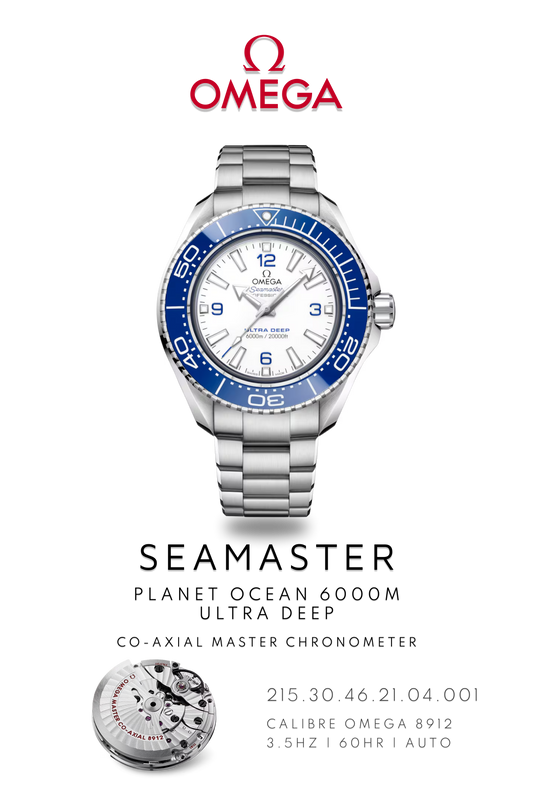 Omega Seamaster Planet Ocean 600M watch in steel with a white face and blue bezel on a metal bracelet. Watch Poster shows mechanical movement calibre 8912 and watch details