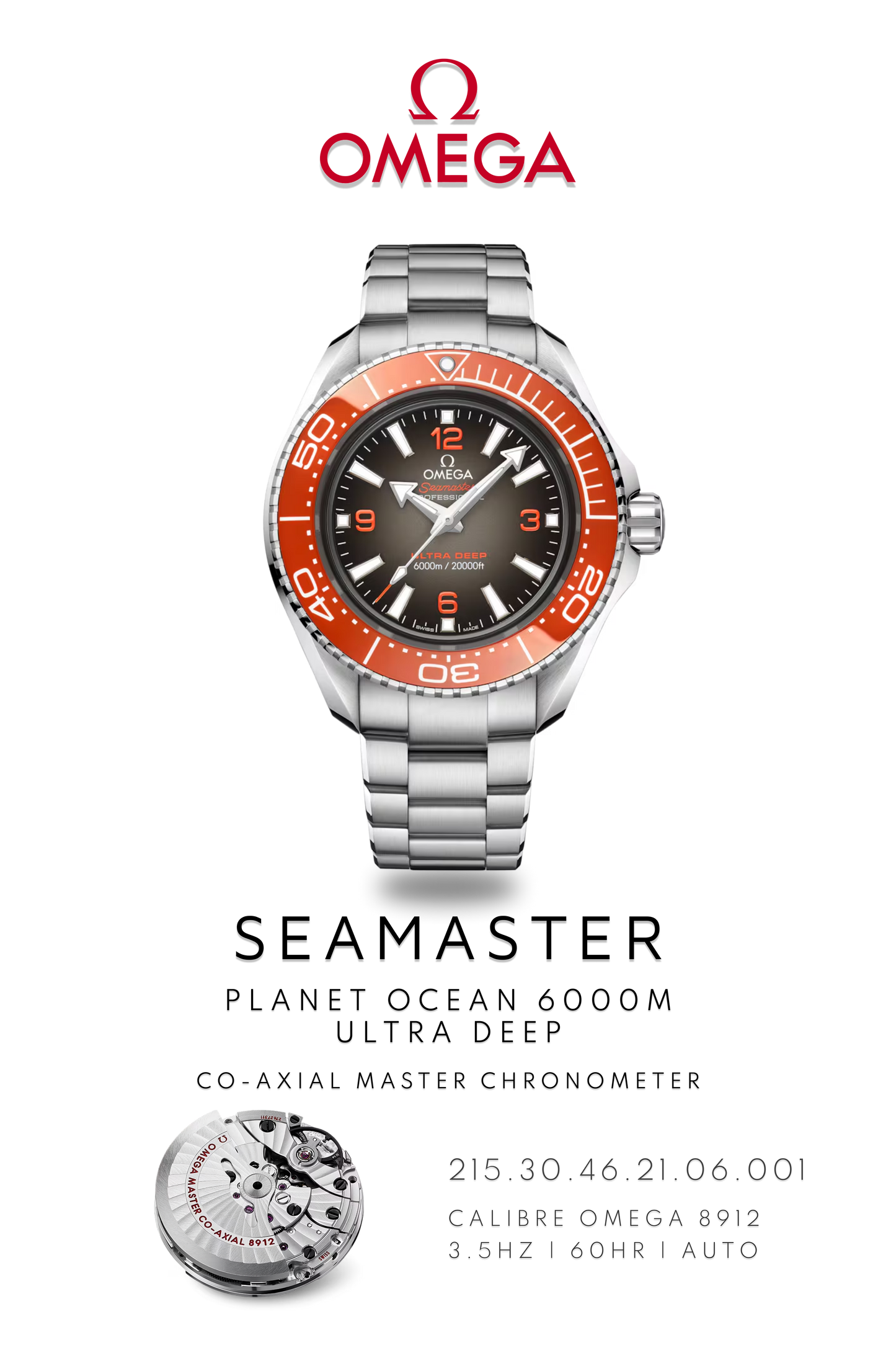 Omega Seamaster Planet Ocean 600M watch in steel with an orange bezel on a metal bracelet. Watch Poster shows mechanical movement calibre 8912 and watch details