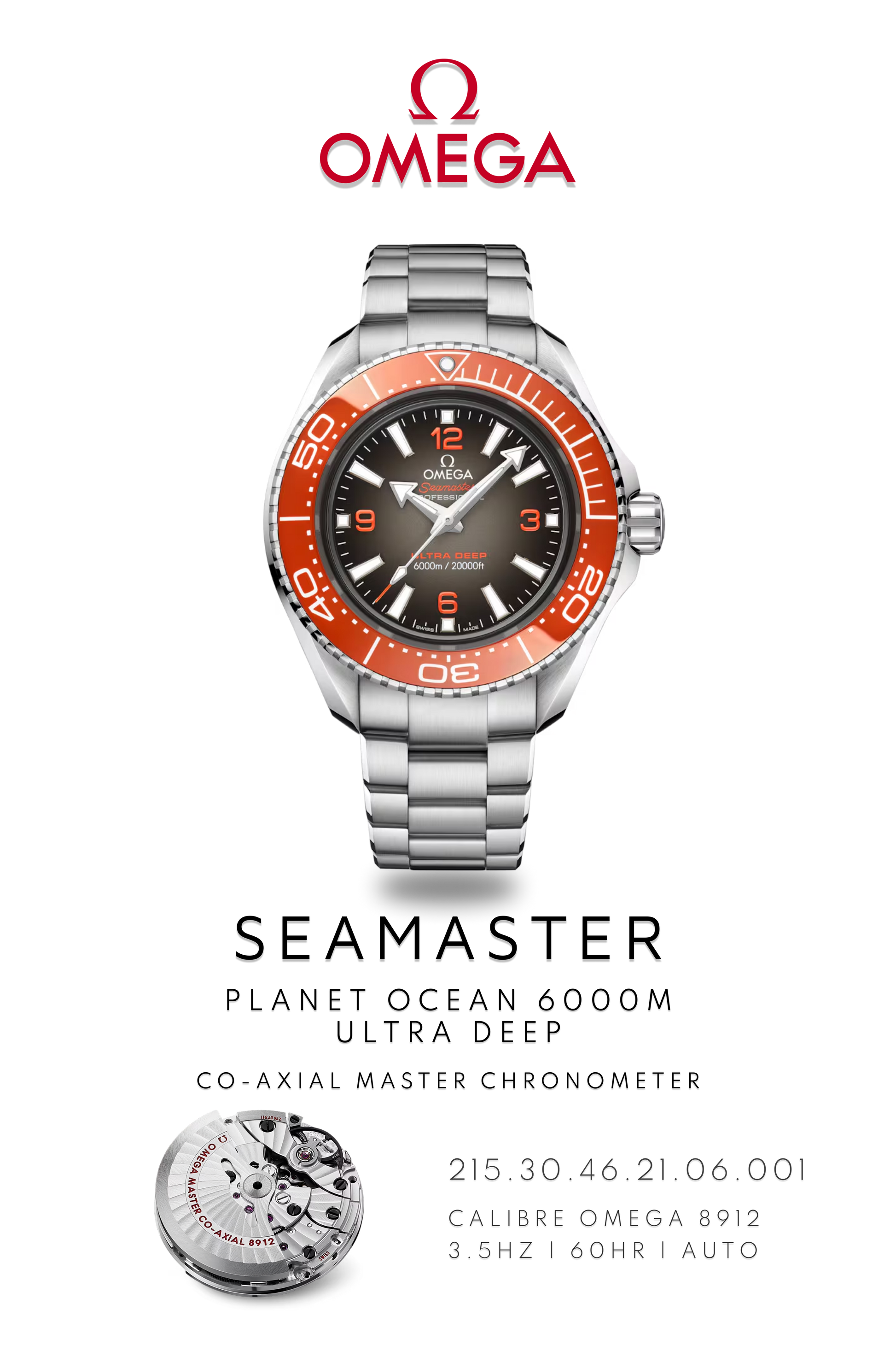 Omega Seamaster Planet Ocean 600M watch in steel with an orange bezel on a metal bracelet. Watch Poster shows mechanical movement calibre 8912 and watch details