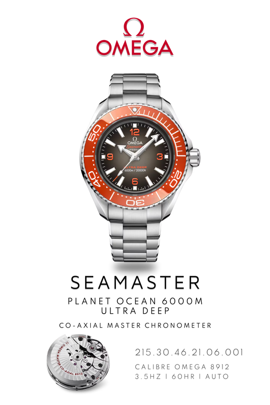 Omega Seamaster Planet Ocean 600M watch in steel with an orange bezel on a metal bracelet. Watch Poster shows mechanical movement calibre 8912 and watch details