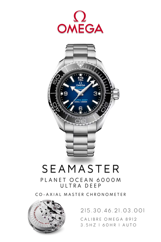 Omega Seamaster Planet Ocean 600M watch in steel with a blue face and black bezel on a metal bracelet. Watch Poster shows mechanical movement calibre 8912 and watch details