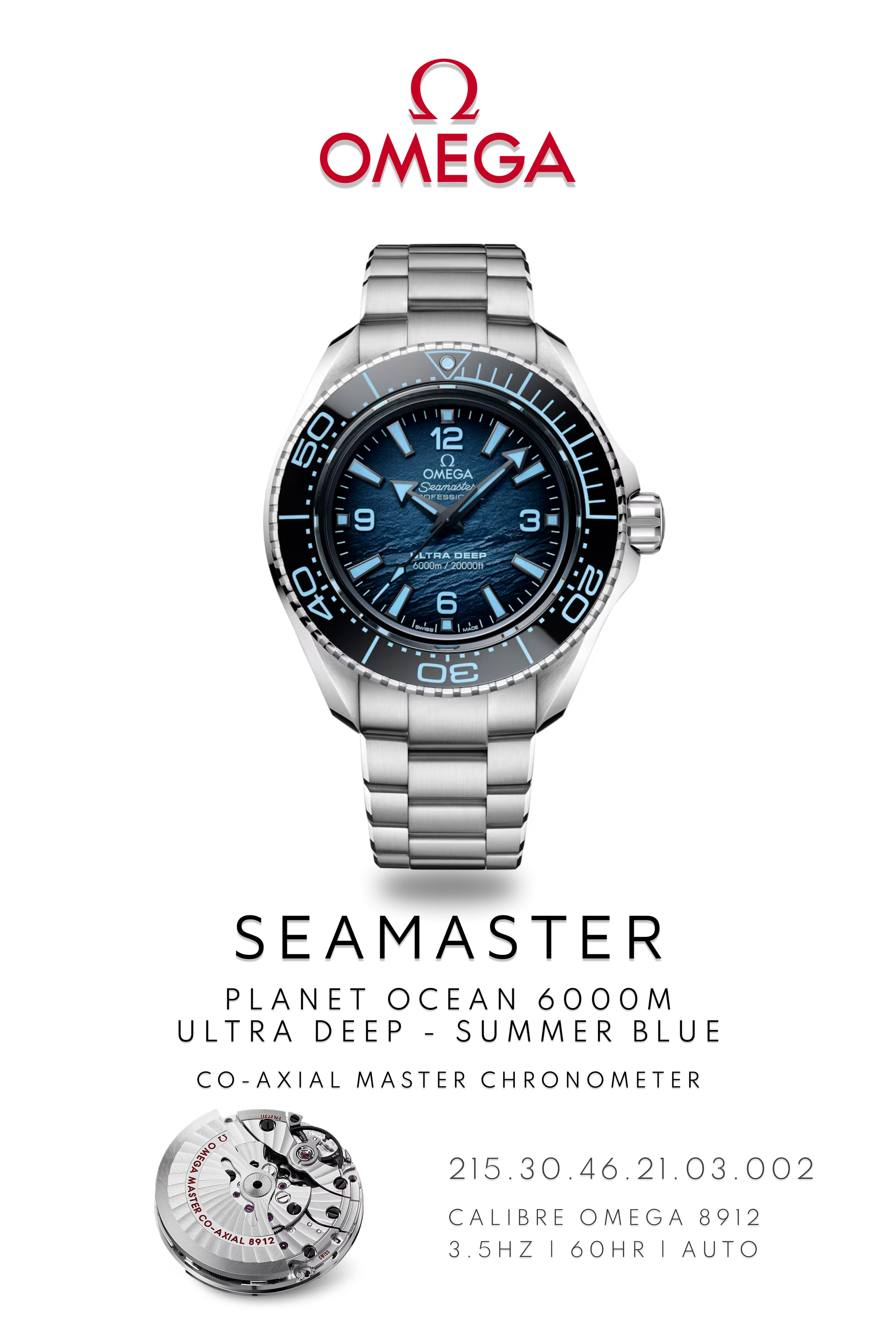 Omega Seamaster Planet Ocean 600M watch in steel with a blue face and black bezel on a metal bracelet. Watch Poster shows mechanical movement calibre 8912 and watch details