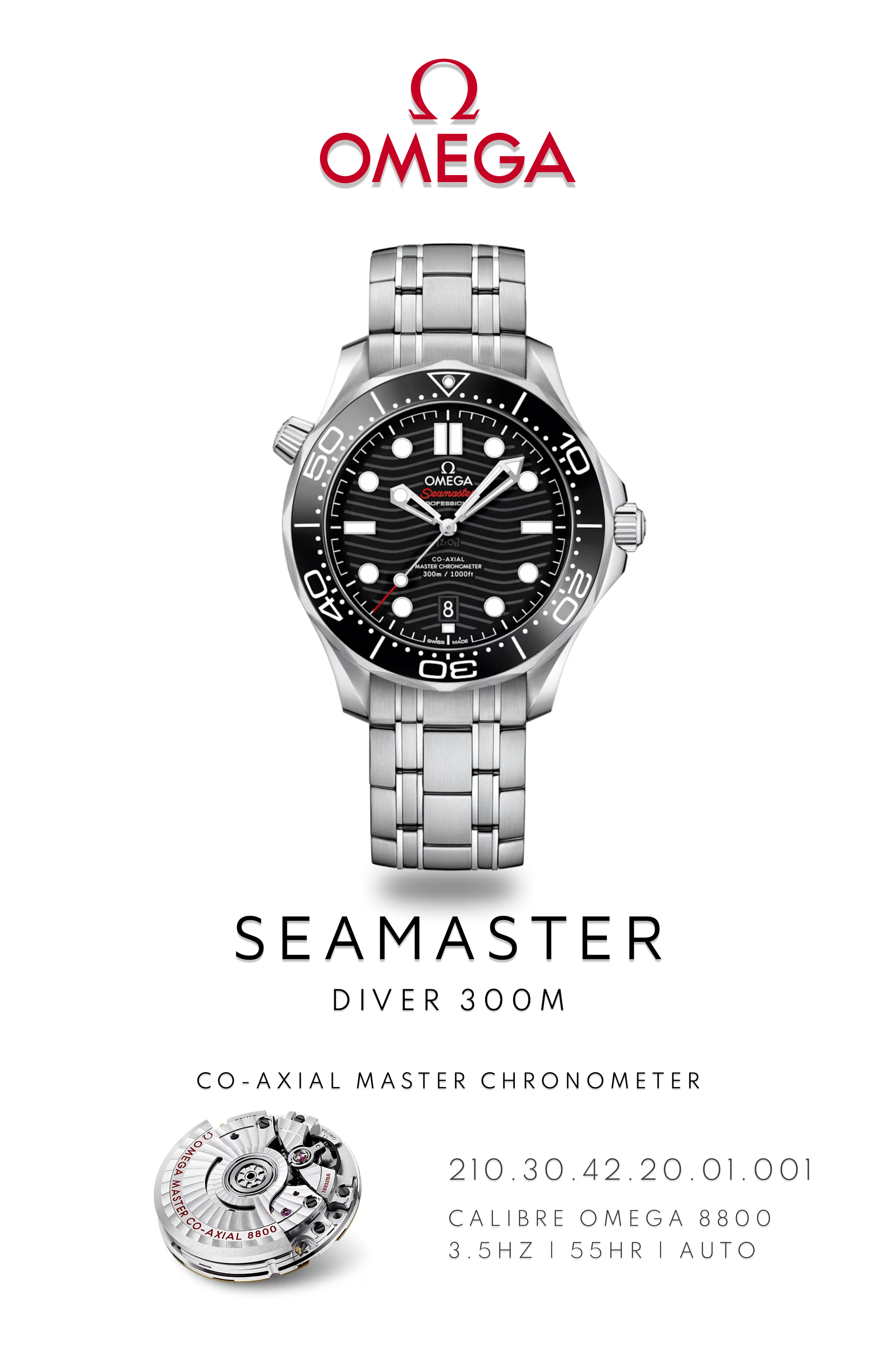 Omega Seamaster Diver 300M watch with a black face and stainless steel bracelet. Watch Poster shows mechanical movement and watch details