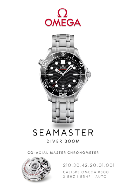 Omega Seamaster Diver 300M watch with a black face and stainless steel bracelet. Watch Poster shows mechanical movement and watch details