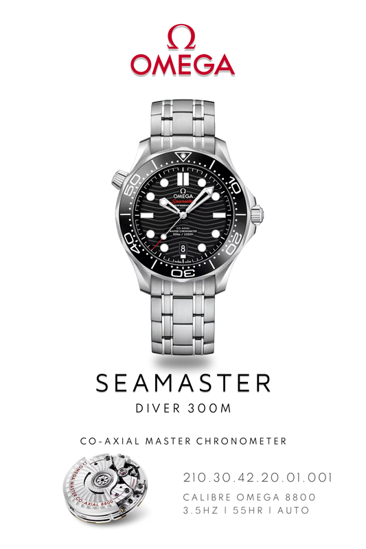 Omega Seamaster Diver 300M watch with a black face and stainless steel bracelet. Watch Poster shows mechanical movement and watch details