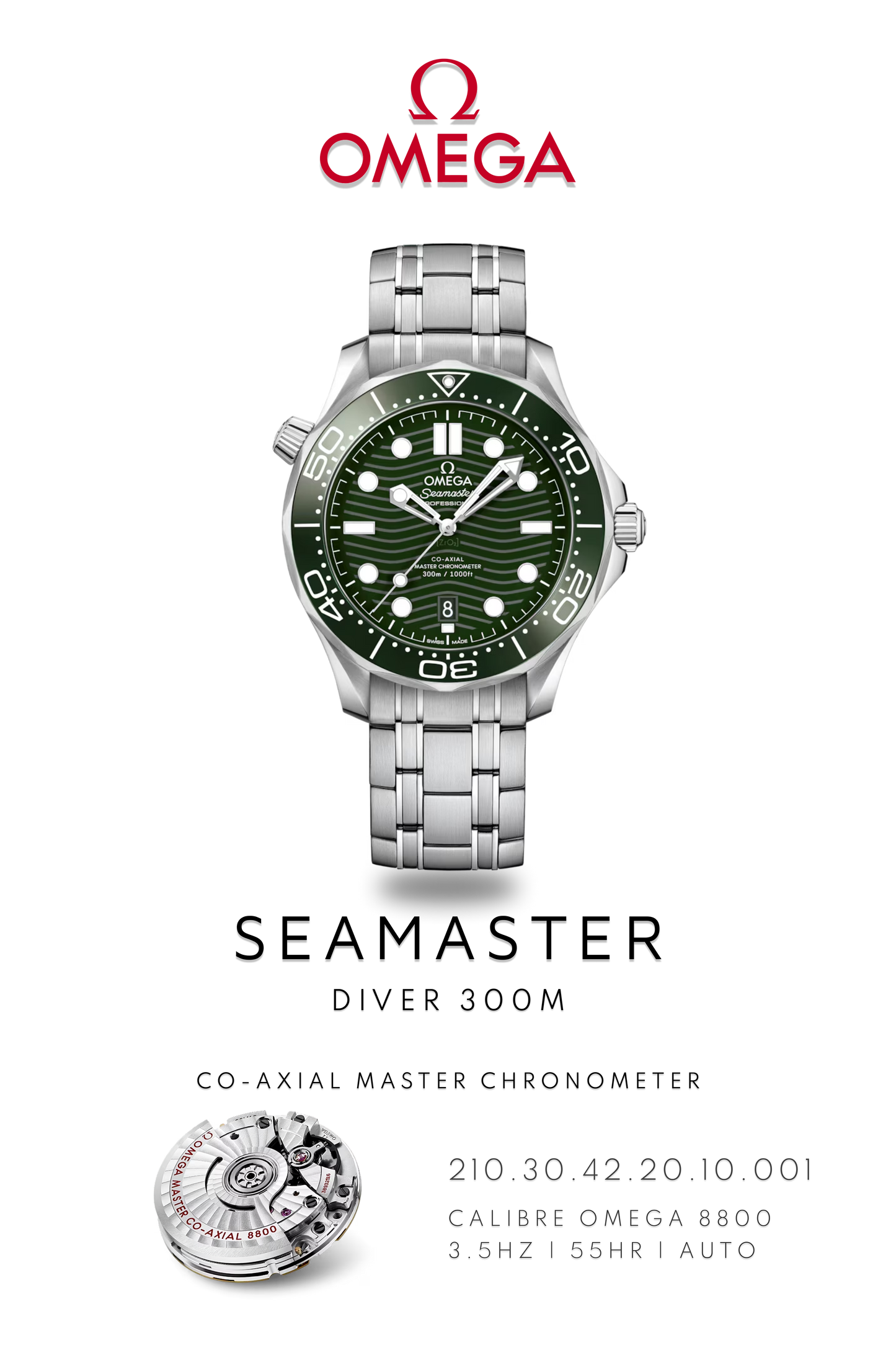 Omega Seamaster Diver 300M watch with a green face and stainless steel bracelet. Watch Poster shows mechanical movement calibre 8800 and watch details