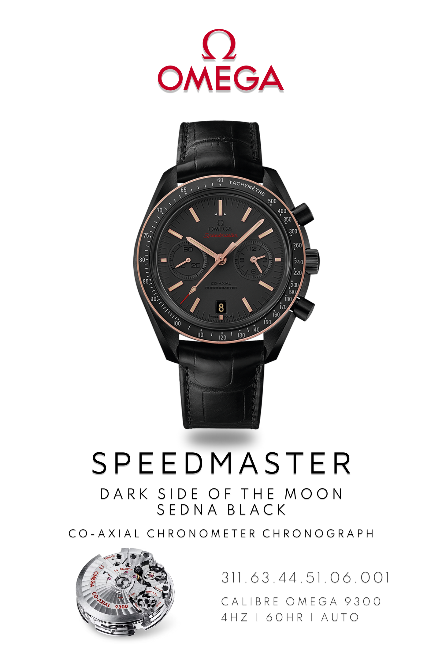 Omega Speedmaster Dark Side of the Moon watch with black face, black strap. Displayed alongside exposed watch movement calibre 9300.