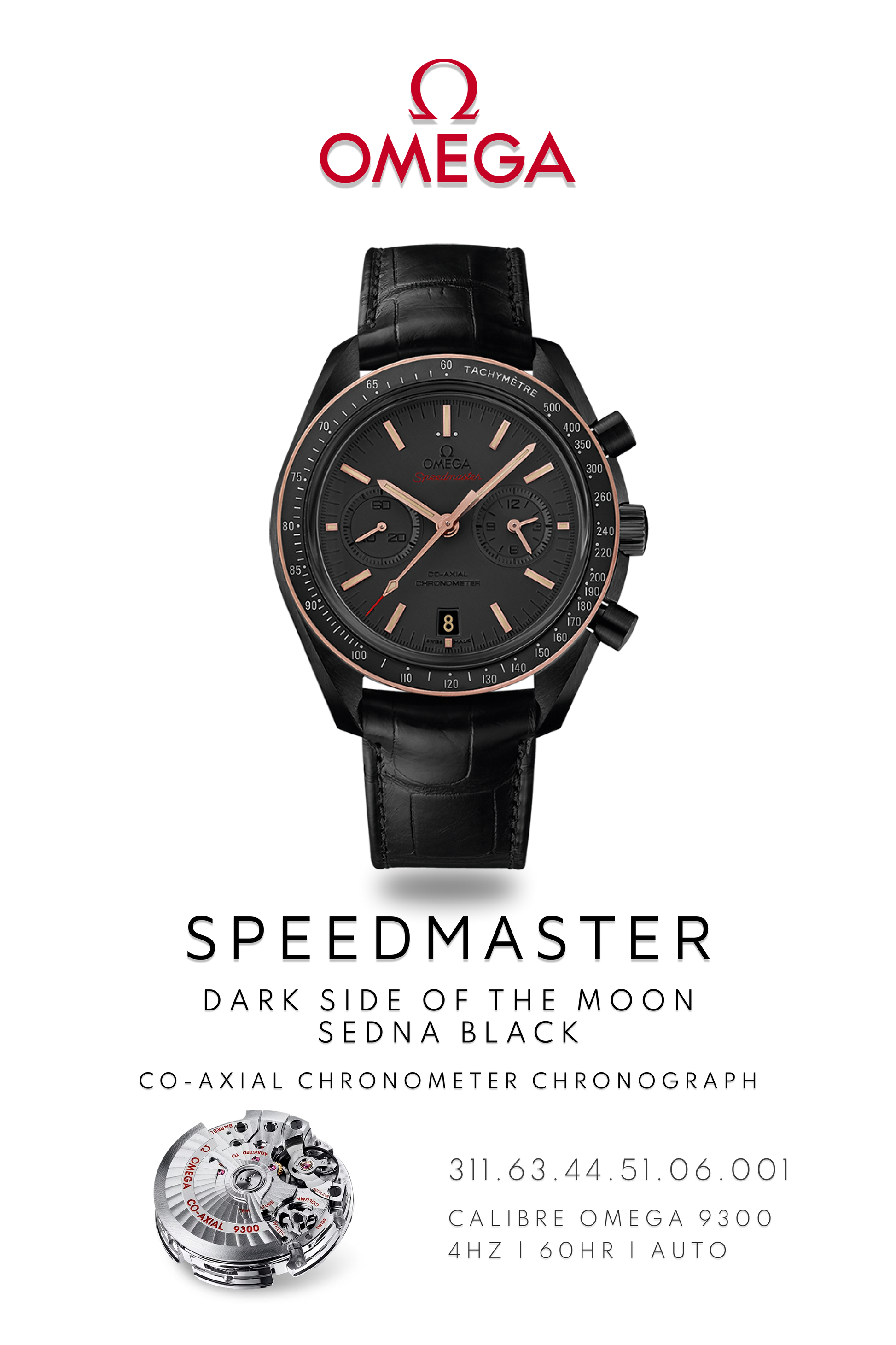 Omega Speedmaster Dark Side of the Moon watch with black face, black strap. Displayed alongside exposed watch movement calibre 9300.