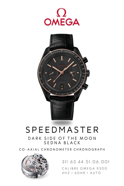 Omega Speedmaster Dark Side of the Moon watch with black face, black strap. Displayed alongside exposed watch movement calibre 9300.