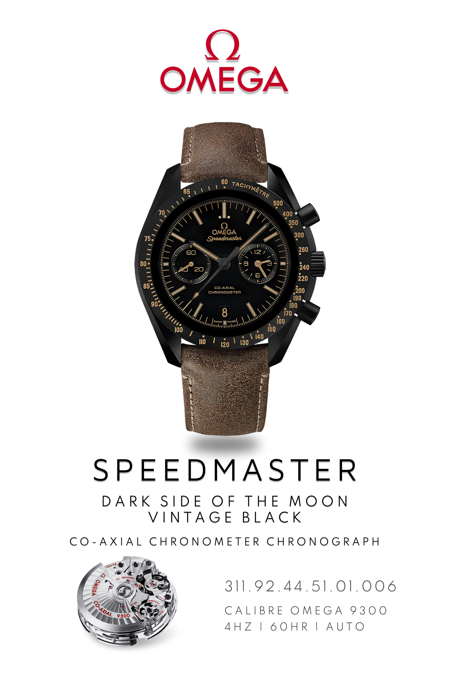 Omega Speedmaster Apollo 8 edition. Black and gold watch on brown leather strap.