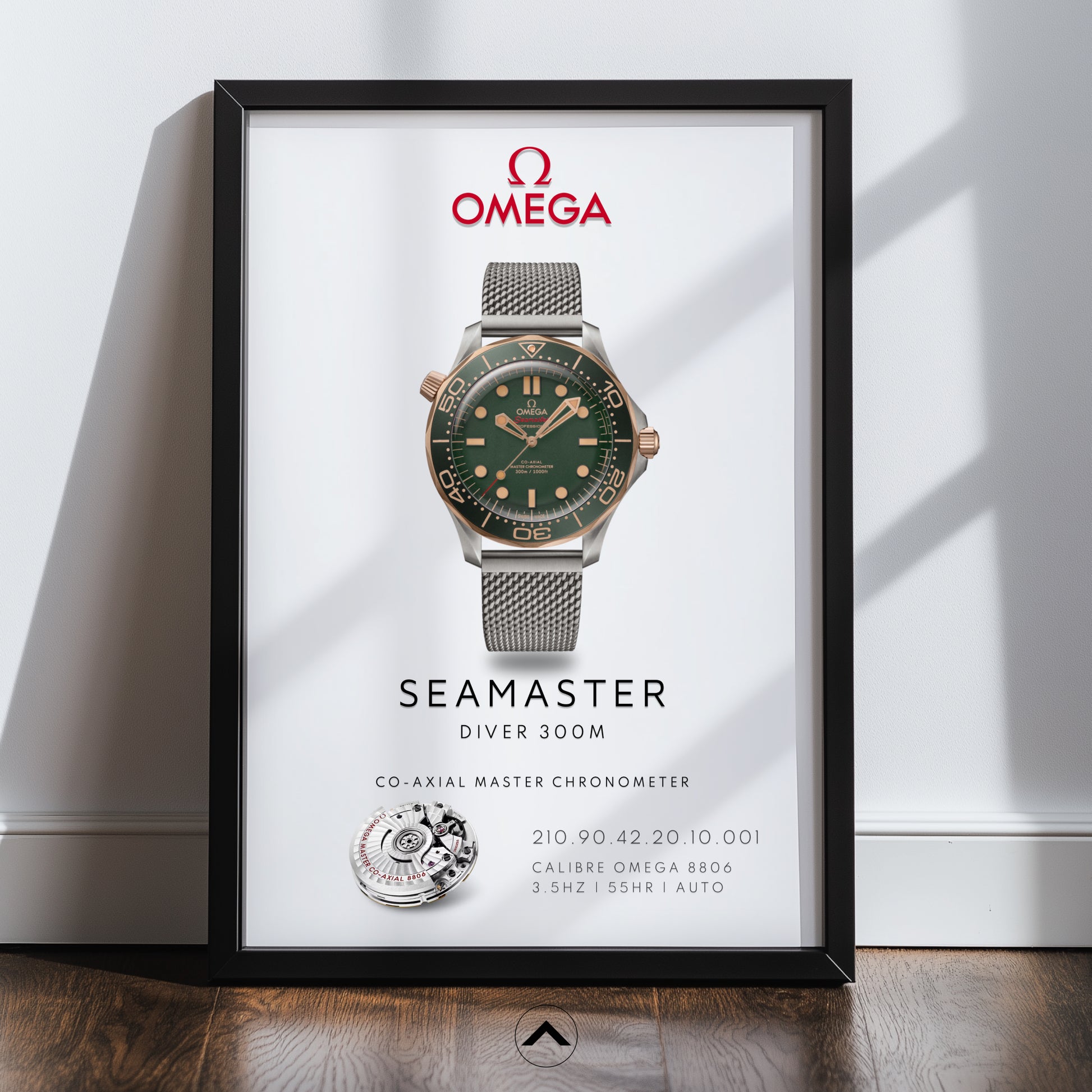 Omega Seamaster Diver 300M watch in stainless steel and titanium with green face on steel strap. Watch Poster shows mechanical movement calibre 8806 and watch details